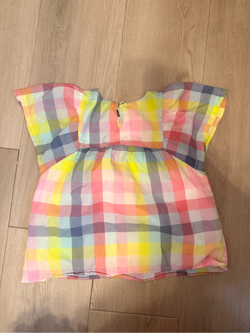 Gap Kids Rainbow Gingham Plaid Flutter Sleeve Top Pastel Multi Color Large 10-11